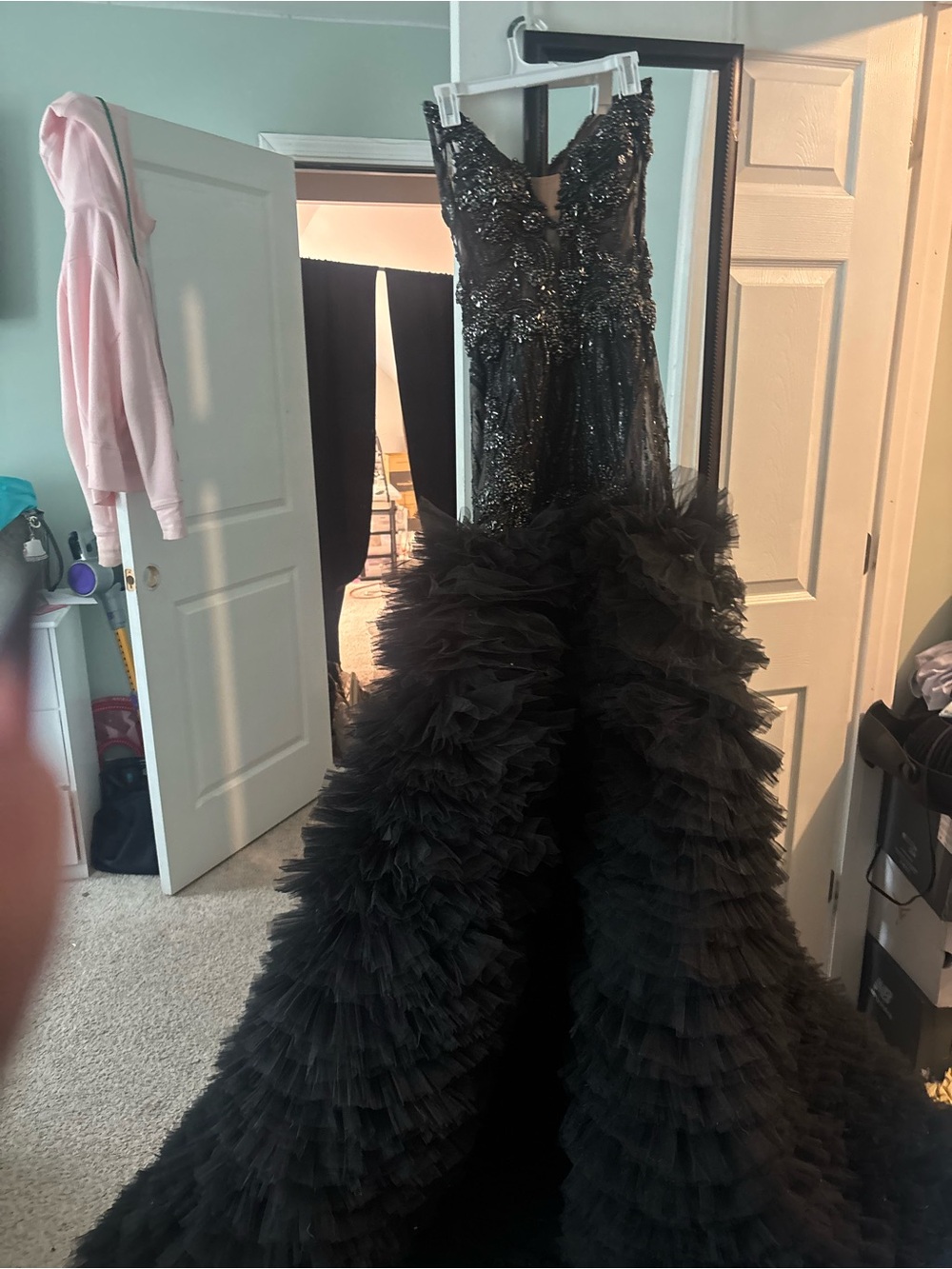 Black Ruffled Tulle Sequin Prom Gown